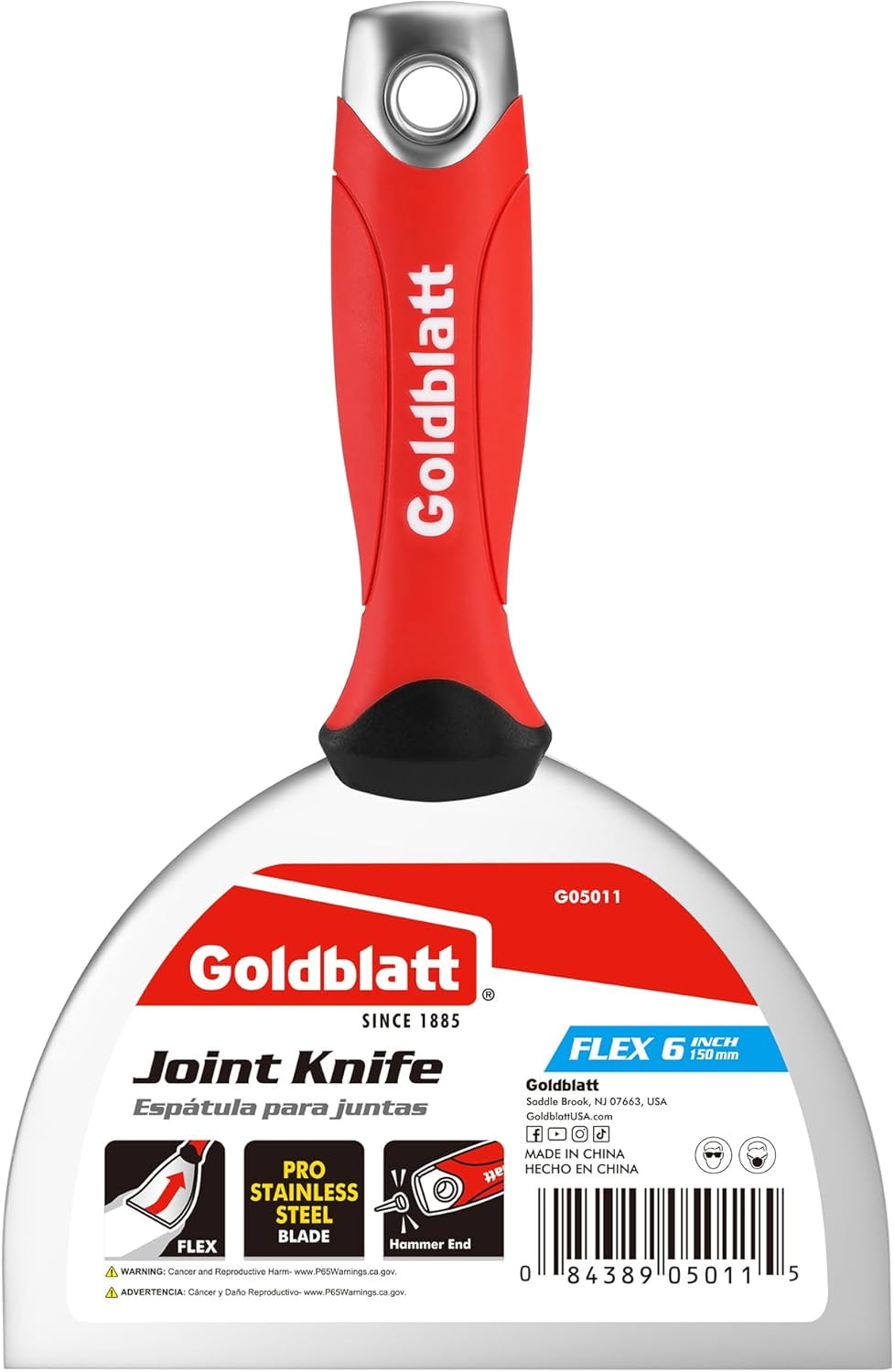 Goldblatt 6" Putty Knife, Stainless Steel Scraping Paint, Putty Knife Scraper with Hammer End, Soft Grip, Perfect for Drywall Repairing and Finishing