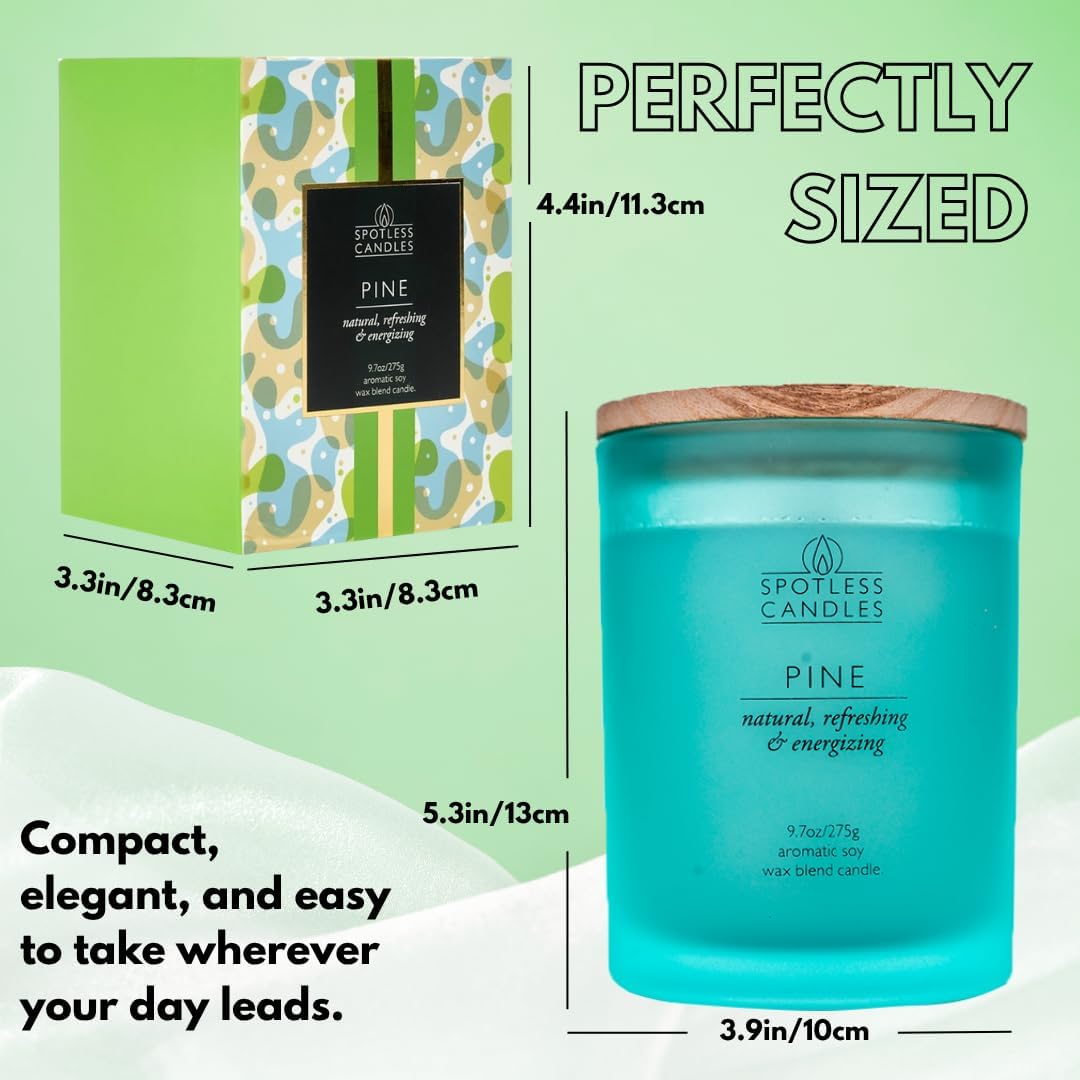 Pine Candle - 9.7 oz /275g 45-55 Hours Burn Time in Green Frosted Glass Jar with Wooden Lid and Wooden Crackling Wick in Luxurious Gift Box - Natural, Refreshing and Energising