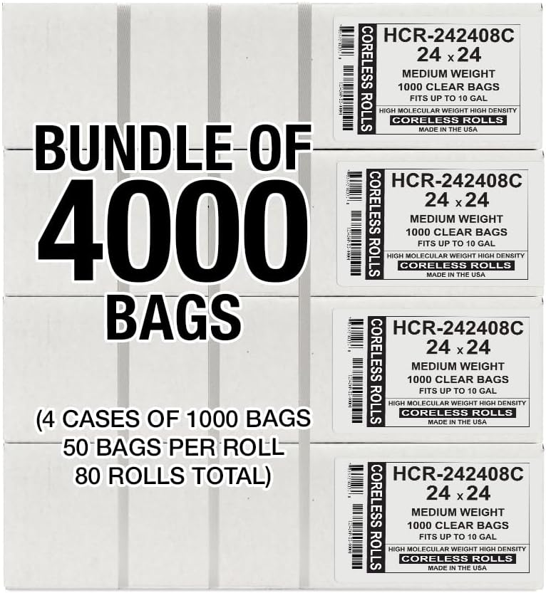 Aluf Plastics High Density Trash Bags, 10 Gallon, 4000 Count, 8 Micron (eq), 24" x 24", Clear, for Bathroom, Office, Industrial, Commercial, Janitorial, Municipal, Recycling