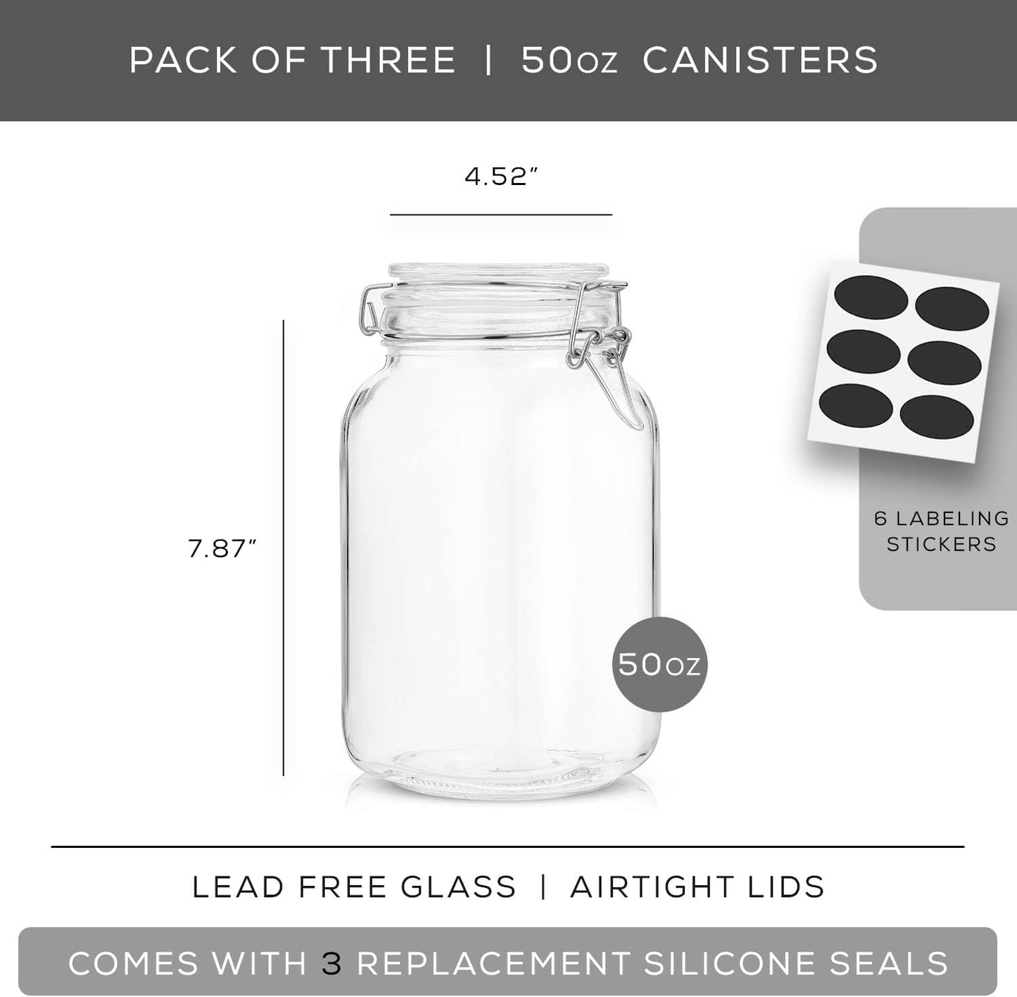 Airtight Glass Jars with Lids Set of 3. 50oz Glass Jar with Lid and 6 Silicone Seals! Med Glass Food Storage Containers. Square Mason Jar, Flour Jar, Candy or Cookie Jars for Kitchen Counter