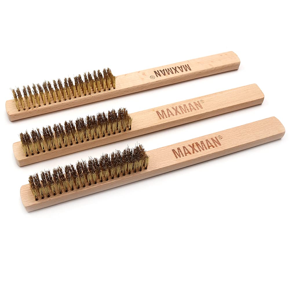 MAXMAN Brass Brush 3Pcs, Soft Brass Bristle Wire Brush for Cleaning Metal Rust, Welds, Home and Kitchen, Wire Scratch Brushes with 10" Beechwood Handle