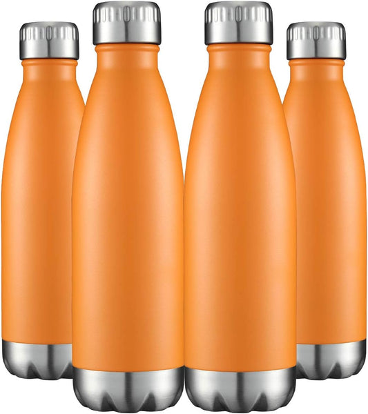 HASLE OUTFITTERS 17oz Stainless Steel Water Bottles Bulk, Vacuum Insulated Water Bottles Double Walled Powder Coated Reusable Metal Sports Water Bottles Keep Drinks Hot and Cold, Orange, 4Packs