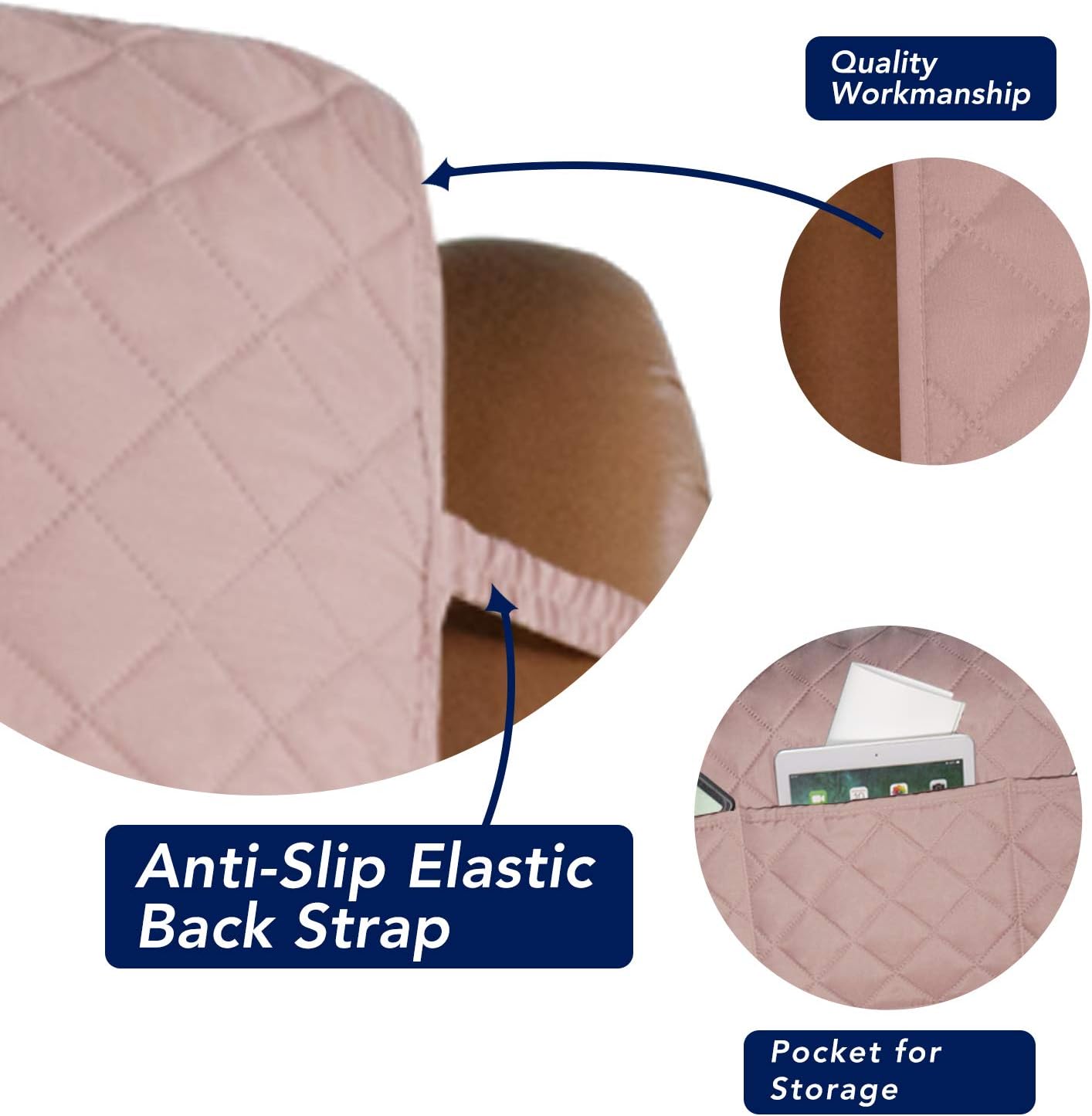 PureFit Reversible Quilted Sofa Cover, Water Resistant Slipcover Furniture Protector, Washable Couch Cover with Non Slip and Elastic Straps for Kids, Dogs, Pets (Oversized Recliner, Pink/Beige)