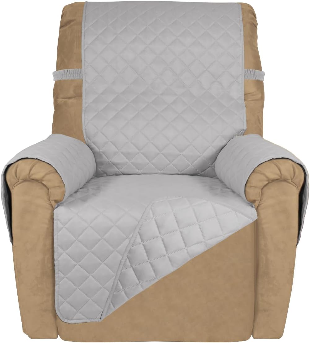 PureFit Reversible Quilted Sofa Cover, Water Resistant Slipcover Furniture Protector, Washable Couch Cover with Non Slip and Elastic Straps for Kids, Dogs (Small Recliner, Light Gray/Light Gray)
