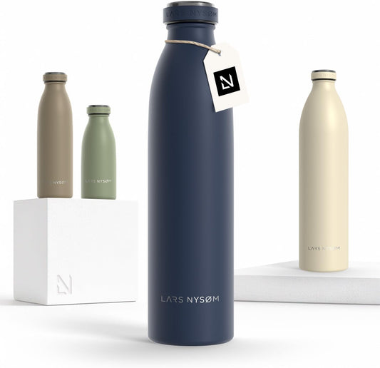 LARS NYSØM Stainless Steel Insulated Water Bottle 12oz 17oz 25oz 34oz 51oz | Insulated Thermo Flask for Hot and Cold Beverages | Leakproof Drinking Bottle (Midnight Blue, 25.4 oz)