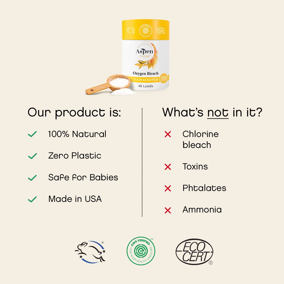 Unscented Oxygen Bleach Powder and Color Safe Stain Remover by AspenClean, Zero plastic, EWG Verified™, Vegan, Non-Bio, Hypoallergenic, Bleach Alternative - 45 Loads