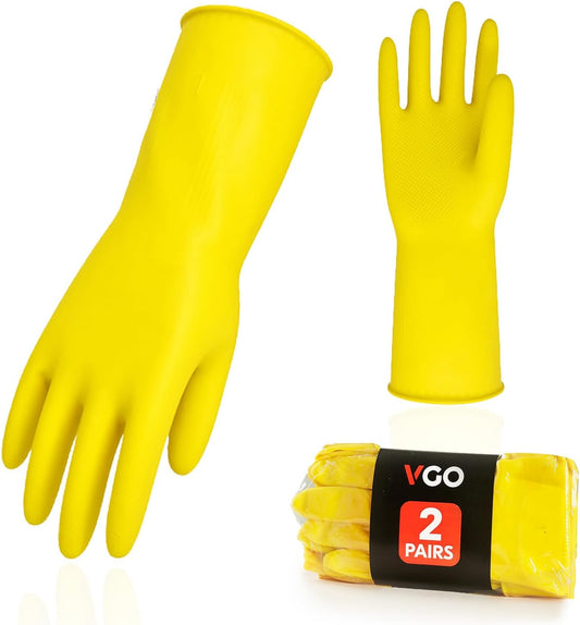 Vgo... 2-Pairs Reusable Household Gloves, Rubber Dishwashing gloves, Extra Thickness, Long Sleeves, Kitchen Cleaning, Working, Painting, Gardening, Pet Care (Size M, Yellow, HH4601)