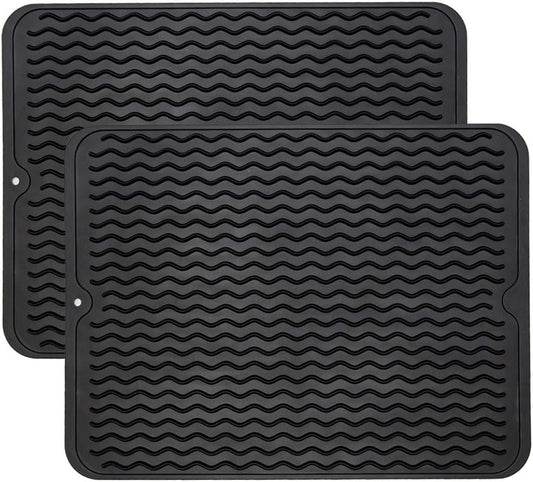 ZLR 2 Pcs Silicone Dish Drying Mats for Kitchen Counter, Eco-Friendly Fast Dry Dish Mat, Easy Clean Multi Usage Drying Matt, Heat Resistant Trivet, 12" x 16" Large, Black