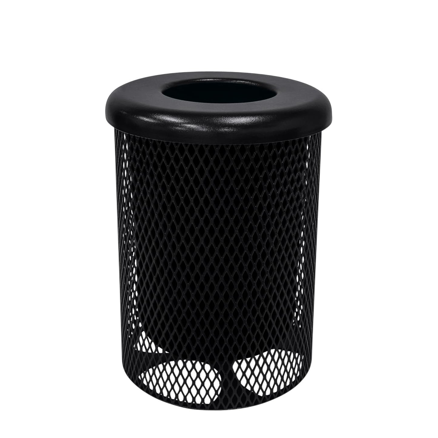 COATEDOUTDOORFURNITURE RFT-BLK Heavy Duty 32 Gallon Round Trash Receptacle, Liner Included, Black with Black Flat Top, Made in America