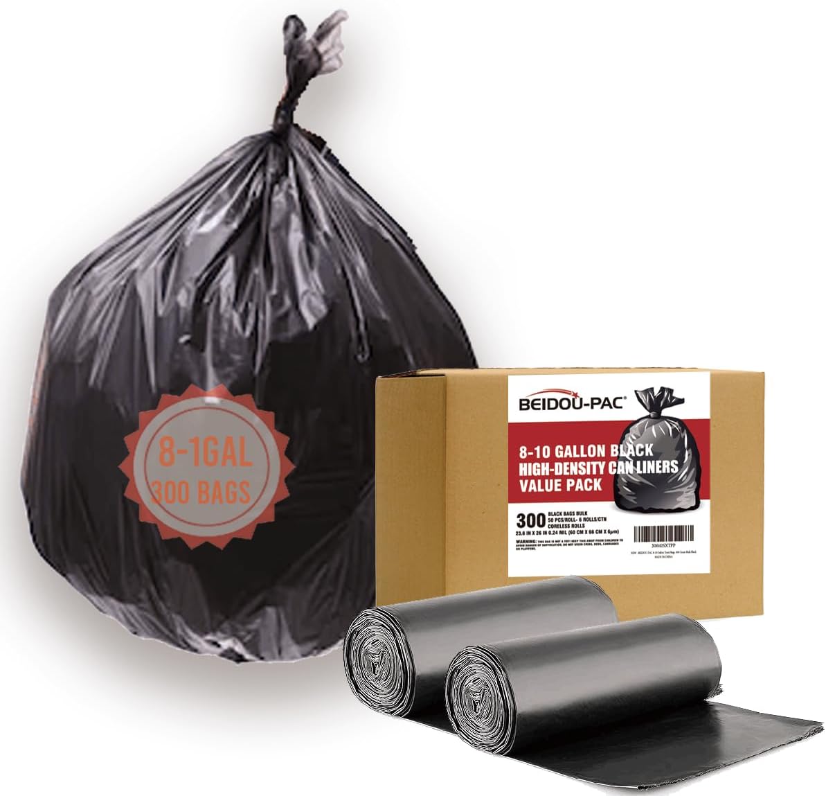 8-10 Gallon Trash Bags, 300 Count Black Garbage bags, Multi-purpose Trash Can Bin Liners for Bathroom, Office, Industrial, Commercial, Janitorial, Municipal, Recycling