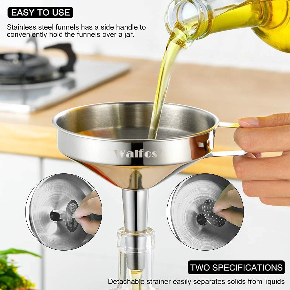 Walfos Extra Large Stainless Steel Funnel with Venting Slot, Kitchen Funnel with 2 Removable Strainer ＆ 1Pc Cleaning Brush, Perfect for Transferring Liquid, Oils, Jam, Dry Ingredients (Jumbo, 7.9")