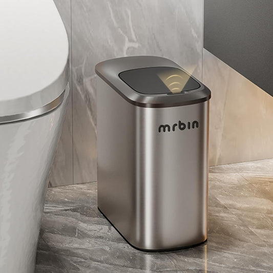 MRBIN Stainless Steel Motion Sensor Bathroom Trash Can, 10L / 2.6gal Slim Smart Toilet Waste Basket with Lid, Automatic Touchless Kitchen Bucket for Narrow Restroom, Vanity, Rv, Eclipse Grey