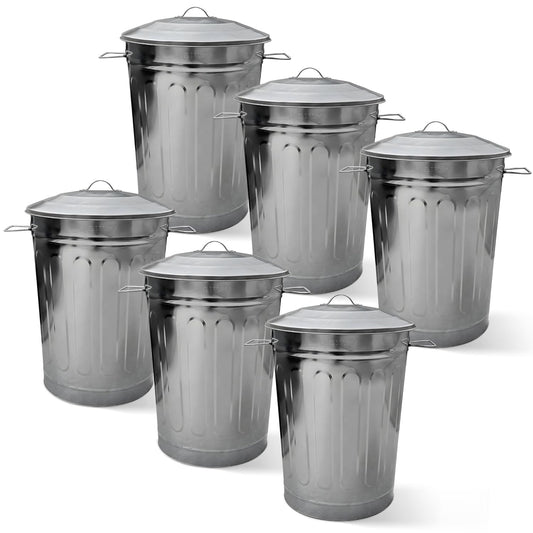 Plexon Round Trash Can 13 Gallon, Vintage Metal Outdoor Trash Can with Lid, Retro Farmhouse Garbage Container, Old School Modern Ash Bucket, Galvanized Steel 6 Pack