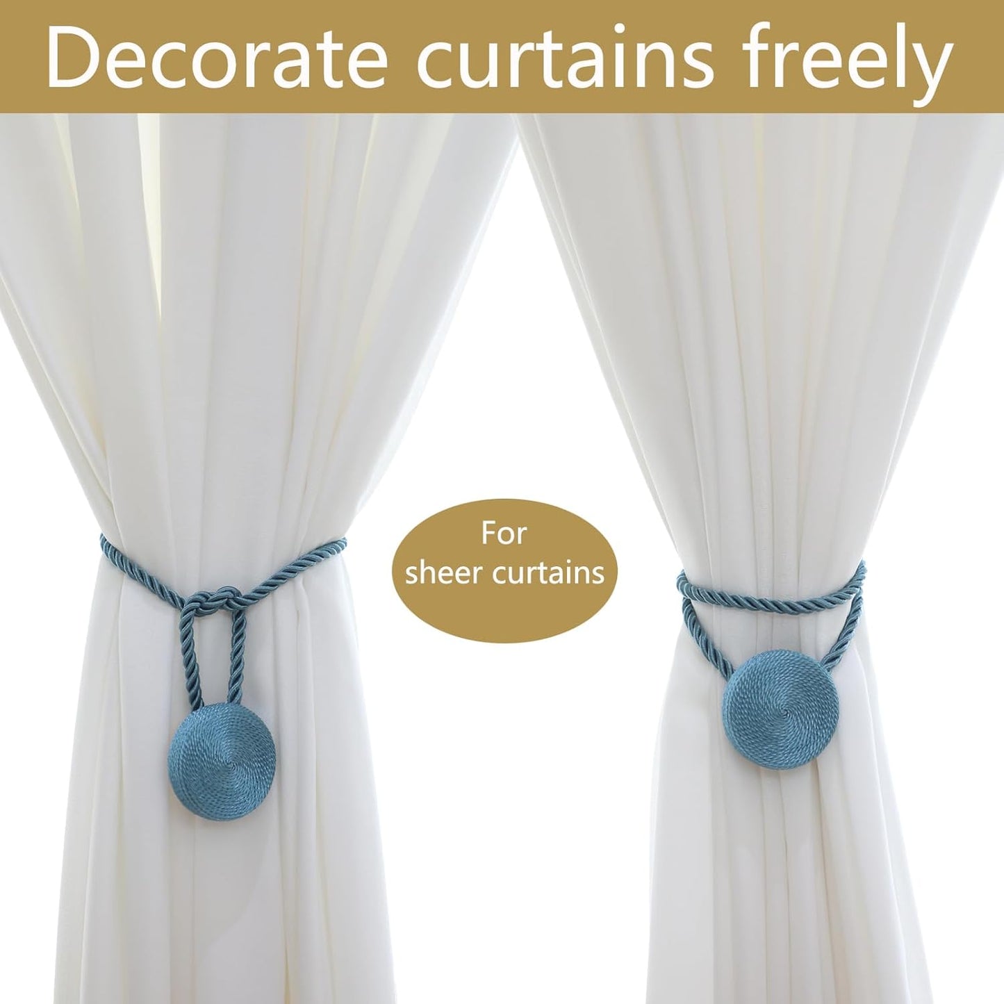 Magnetic Curtain Tiebacks - 12mm Magnetic Tie Backs for Curtains, Heavy Duty No Drill Curtain Holdbacks for Home/Office Windows Drapes, Elegant Gift-Ready Design 7 Colors (2, Blue)