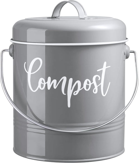 Gray Compost Bin Kitchen, 1.3 Gallon Farmhouse Kitchen Compost Bin Countertop with Lid and Charcoal Filters, Indoor Compost Bucket for Decor and Accessories