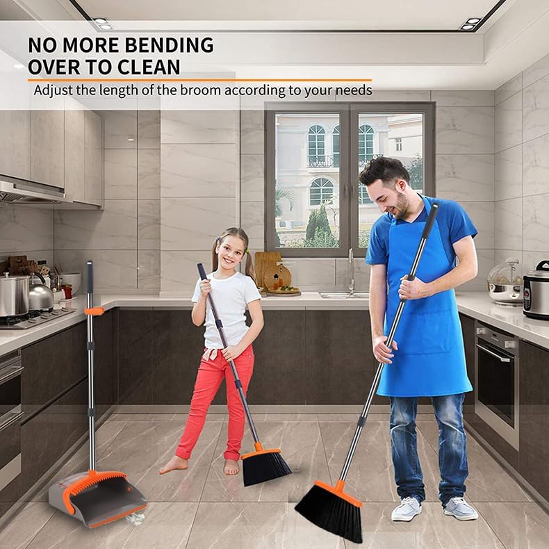 2-Pack is More economical，Upgraded Upright Broom and Dustpan Combo with 52" Long Handle, Dustpan Teeth with self-Cleaning Function, Indoor and Outdoor Sweeping, Perfect for Home Office