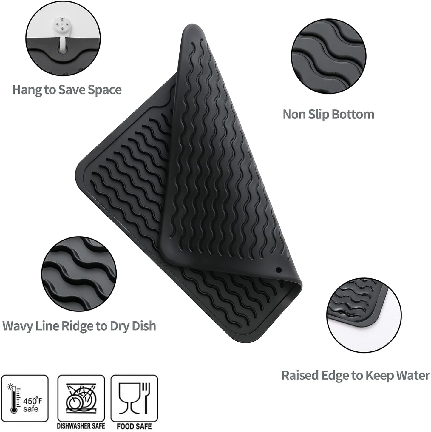 Silicone Dish Drying Mat for Multiple Usage,Easy clean,Eco-friendly,Heat-resistant Silicone Mat for Kitchen Counter or Sink,Refrigerator or Drawer liner Black M 12 inches x 12 inches