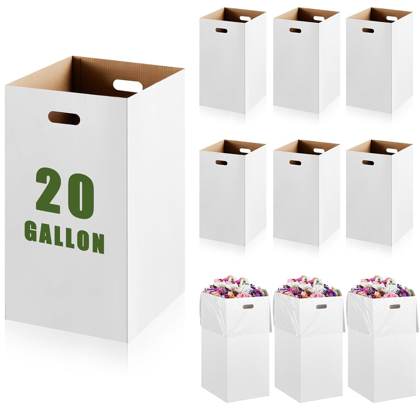 10 Pack 20 Gallon Corrugated Cardboard Trash Cans Bulk for Events Parties Disposable and Reusable Cans Bottle Recycling Bins with 20 Garbage Bags White Garbage Boxes for Outdoor Events