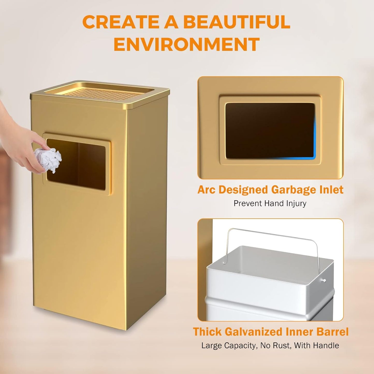 BEAMNOVA Trash Can Indoor Outdoor Black Stainless Steel Commercial Garbage Can Industrial Garbage Enclosure Inside Cabinet with Lid Waste Container, Gold Color, 12.2 * 9.8 * 24 in