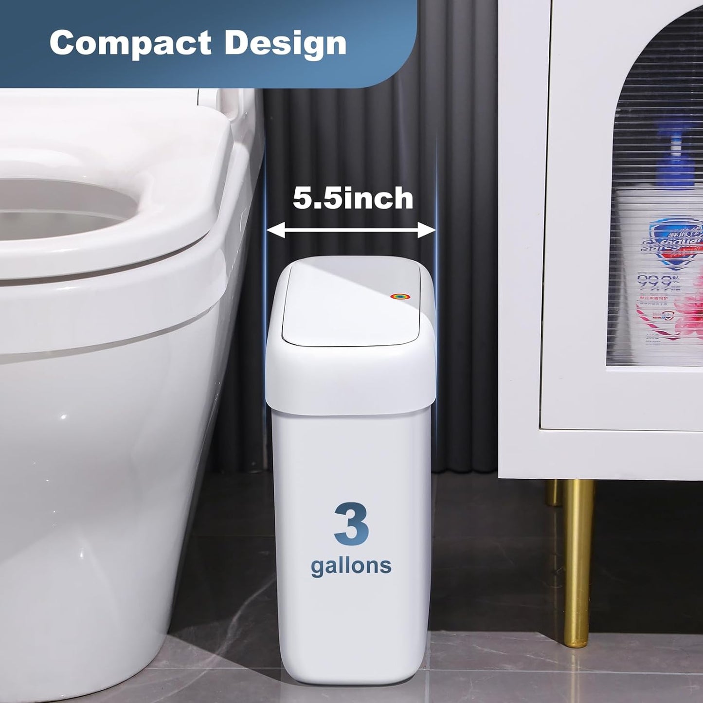 JOYBOS Bathroom Trash Can with Lid,3 Gallon Small Garbage Can with Press Top Lid,10L Dogproof Slim Plastic Narrow Trash Bin for Toilet, Office, Bedroom, Living Room, Grey