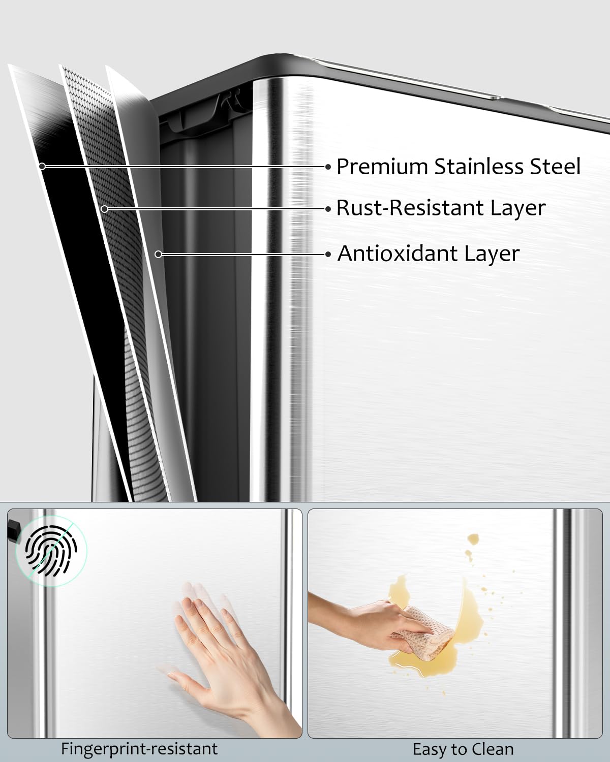 16 Gal (2 x 30 L) Dual Trash Can, Stainless Steel Kitchen Garbage Bin, Recycle Dustbin with Odor Control Box, Soft-Close Lid, Inner Buckets, Side Handle, Step Pedal, for Home Office