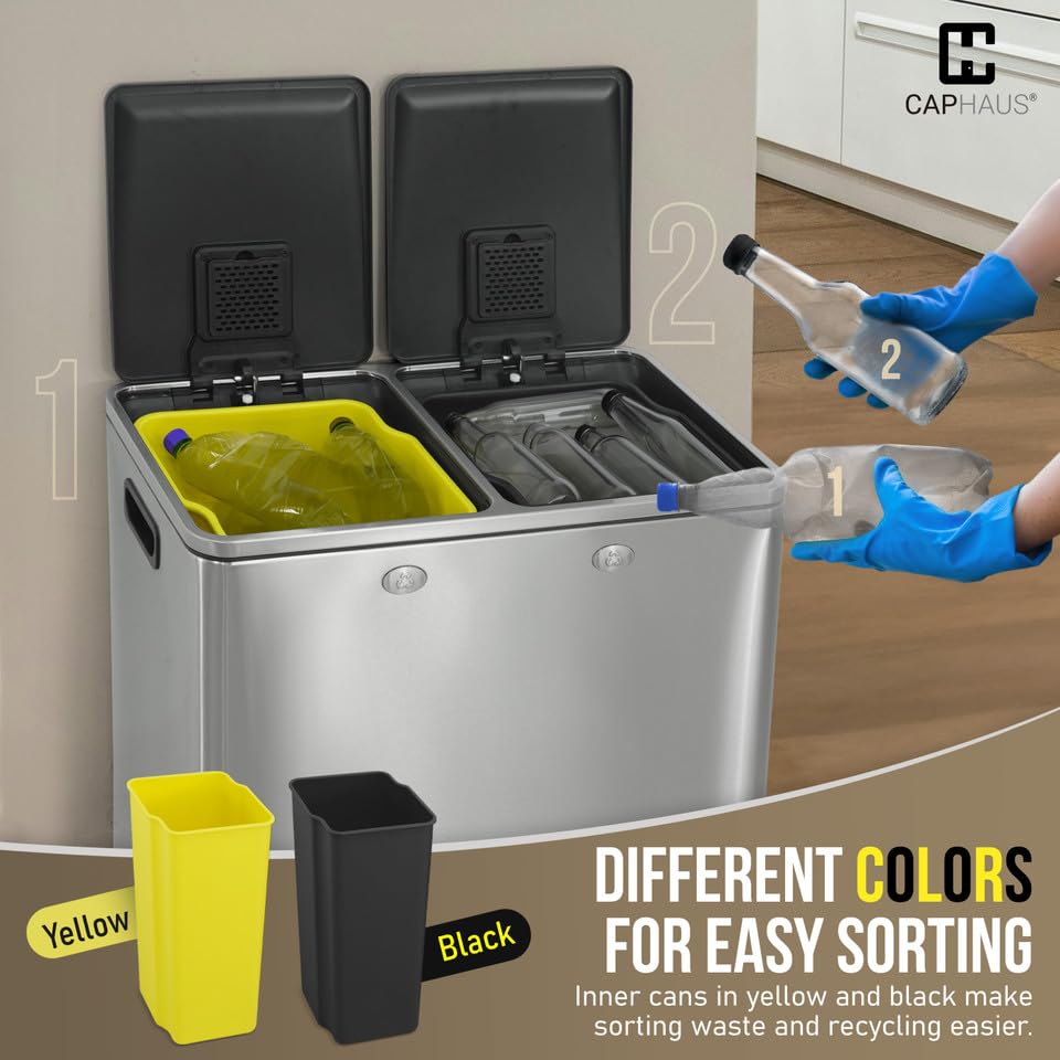 CAPHAUS Black Dual Trash Can w/Double Lid, Trash & Recycle Bins Combo, Hands-Free Stainless-Steel Garbage Can for Kitchen, with 2 Compartment, Hinged Lid, Odor Filters, Handles, 30L+30L, 2 x 8 Gal