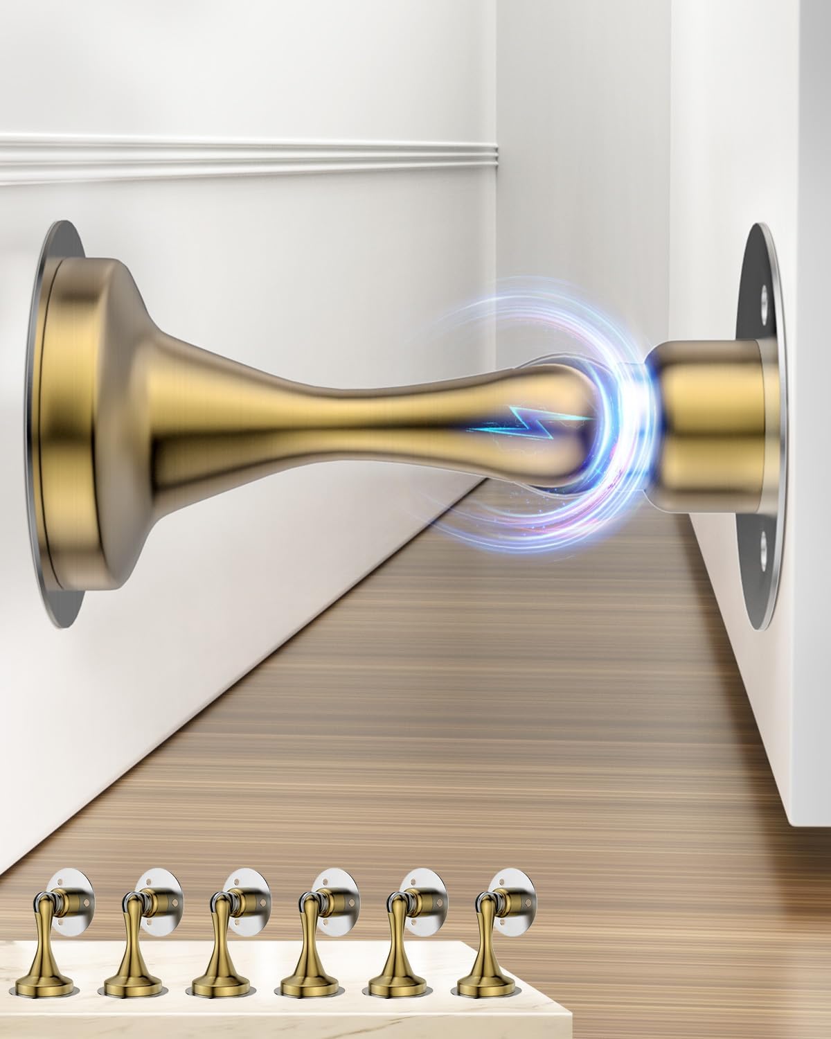 Door Stoppers Magnetic Door Catch - 6 Pack Stainless Steel Heavy Duty Door Stops for Bottom of Door, Wall & Floor Mounting No-Drill Strong Adhesive & Screws, Strong Door Holder to Keep Door Open,Gold