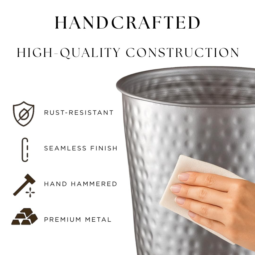 Monarch Abode Pewter Hand Hammered Metal Wastebasket for Home Office Bedroom, Decorative Waste Basket, Modern Bathroom Garbage Can, Durable & Decorative Trash Bin, Pewter Bathroom Trash Can