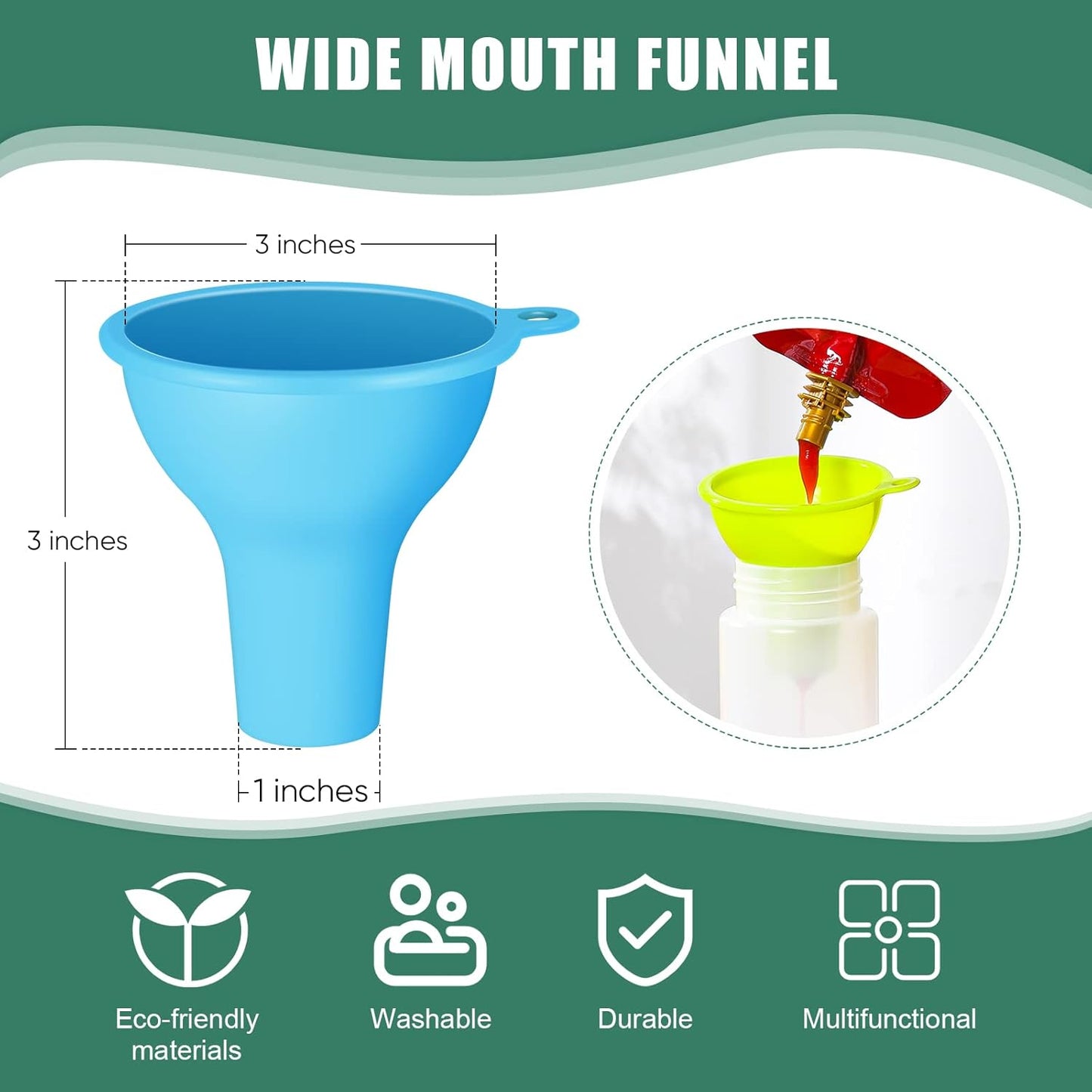 Silicone Funnels 4 Pieces Wide Mouth Funnel Flexible Condiment Sauce Canning Set for Home Restaurant Kitchen Squeeze Bottles Jars Cans, 3.2 x 1 Inch
