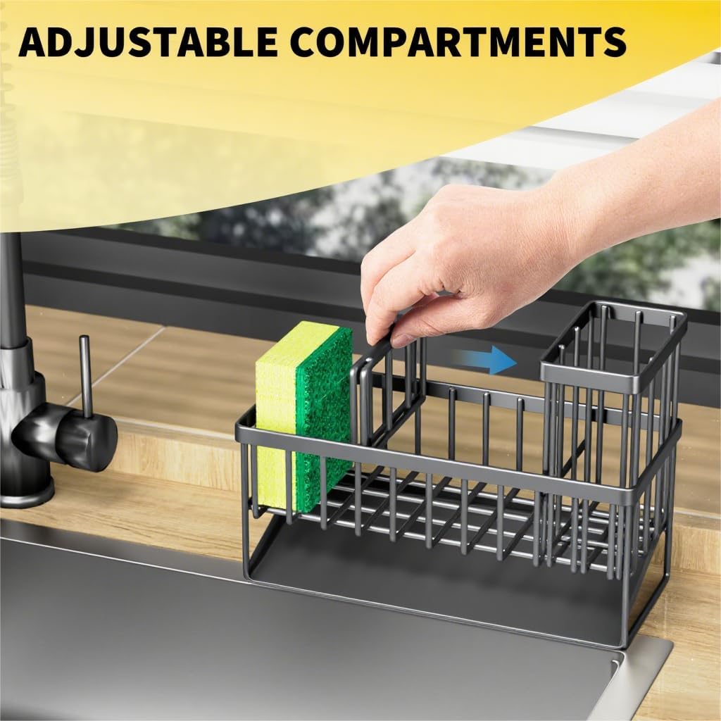 Cisily Sink Caddy Organzier with High Brush Holder, Sponge Holder for Sink, 304 Rustproof Stainless, Kitchen Countertop Soap Dispenser Organizer, Dark Gray Kitchen Decor and Accessories