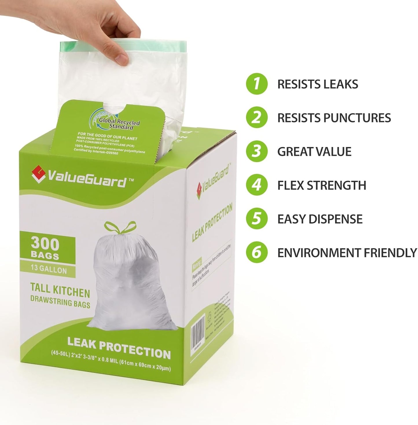 Large Trash Bag 13 Gallon Tall Drawstring 100% Post-Consumer Recycled Garbage Bag Waste Bag for Kitchen Office 0.8 Mil (300 Count)