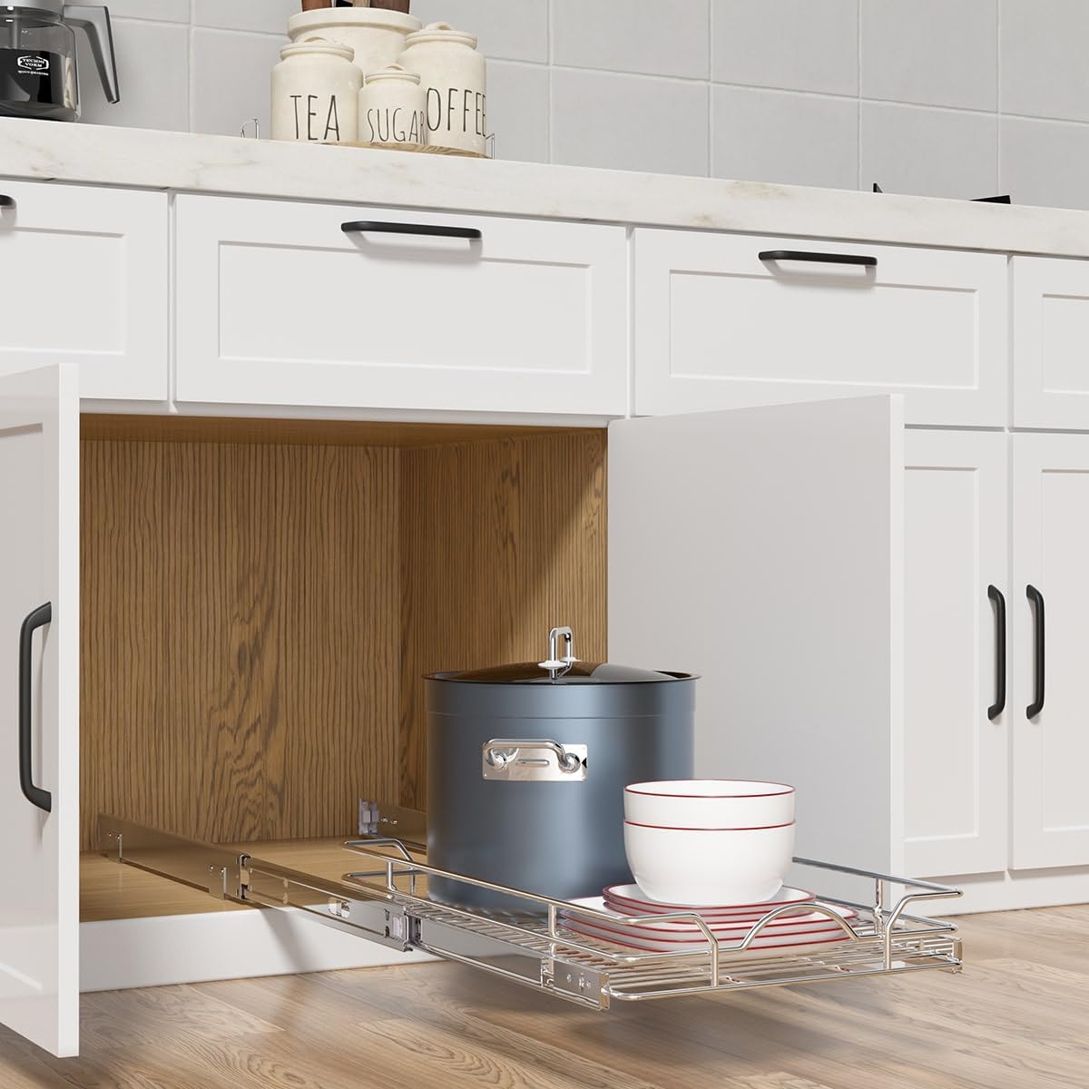 OCG Pull Out Cabinet Organizer (21" W x 21" D), Pull out Shelves 1 Tier, Cabinet Slide Out Shelves for Base Cabinet Organization in Kitchen Bathroom Pantry, Bottom Mount, Chrome Finish