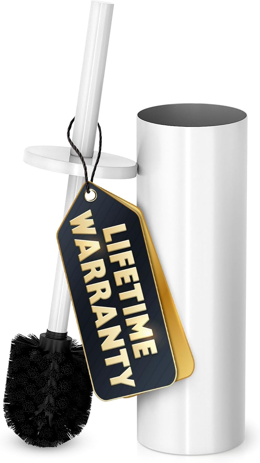 Stainless Steel Toilet Brush and Holder Set White - Long Handle Toilet Bowl Cleaner Brush and Holder - Removable Inner Liner, Shiny Design, Splash Protection & Dense Bristles for Bathroom Cleaning