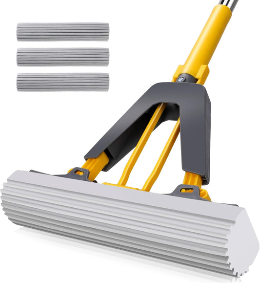 Masthome Sponge Mop,Roller Sponge Mop with 3 Absorbent PVA Mop Refills,Self Squeeze Sponge Mops and Stainless Steel Handle,PVA Sponge Mops for Floor Cleaning