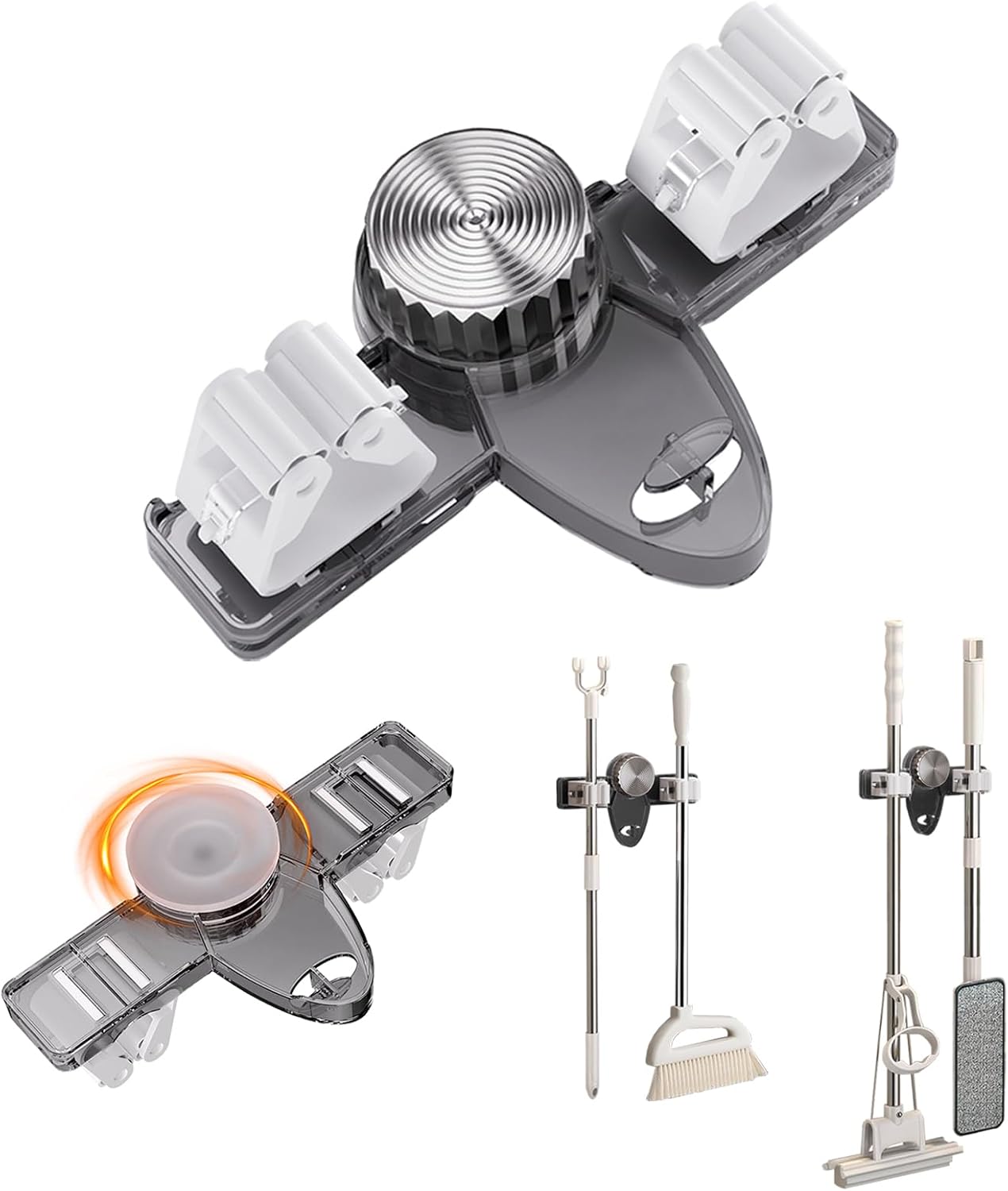 Mop and Broom Holder Wall Mount, No Punching Required Broom and Mop Organizer Wall Hanging with Hooks for Bathroom, Laundry Room, Garage, Kitchen,Garden Tool Organizer Storage (1pcs Gray)