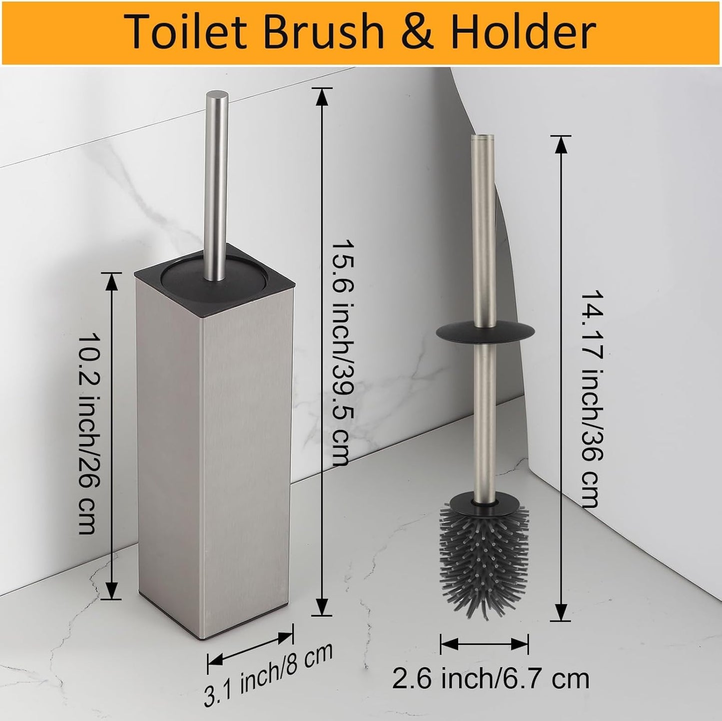 BGL Toilet Brush and Holder Set Brushed Nickel Aluminium Freestanding Toilet Bowl Cleaner Brush and Holder for Bathroom Storage and Organization, Square Design Sturdy and Space Saving