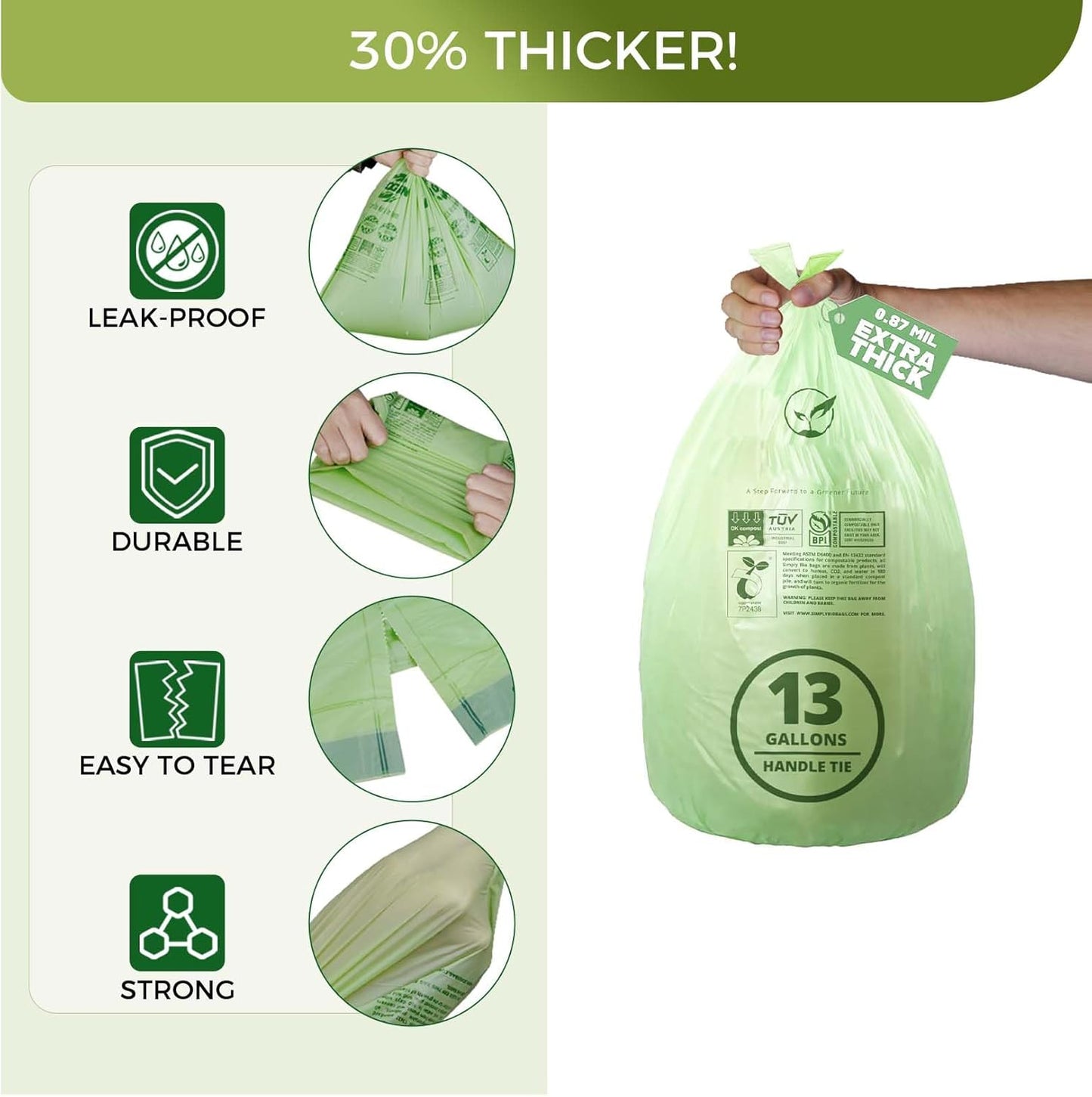 13 Gallon Compostable Trash Bags with Handle-Tie, Thick 0.87 Mil, 49.21 Liter, 30 Bags, Tall Kitchen Food Scrap Waste Bag, ASTM D6400, US BPI and OK Compost Home Certified