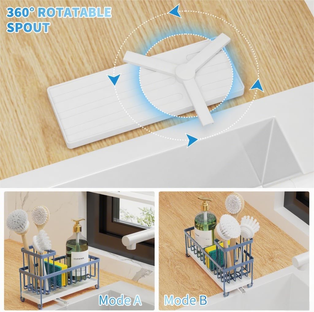 Cisily Blue Gray Sponge Holder for Kitchen Sink, Sink Caddy Organizer with High Brush Holder, Kitchen Countertop Organizers and Storage Essentials, Rustproof 304 Stainless Steel, Soap Dispenser