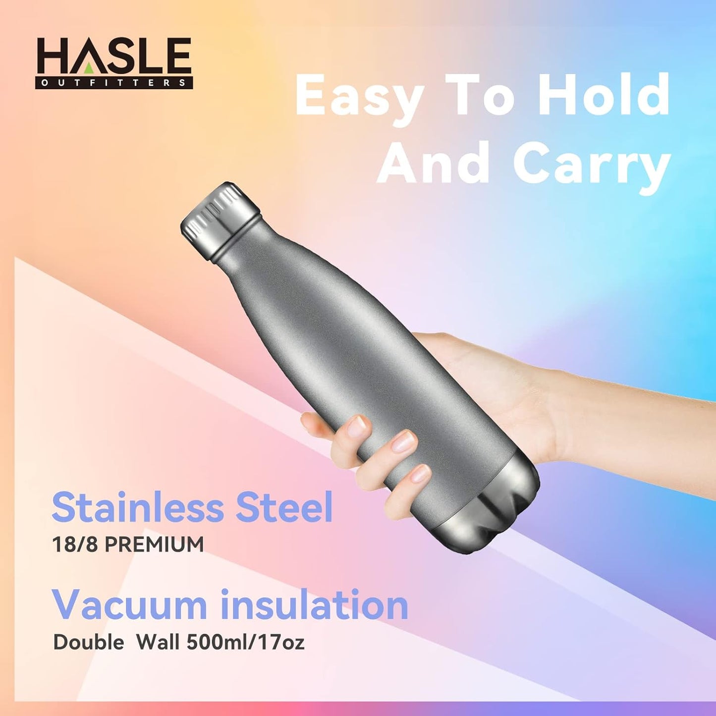 HASLE OUTFITTERS 17oz Stainless Steel Water Bottles, Vacuum Insulated Water Bottles Double Walled Reusable Metal Sports Water Bottles Keep Drinks Hot and Cold, Gray, 1Pack
