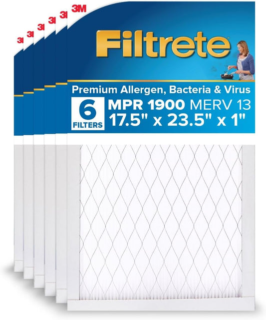 Filtrete 17.5x23.5x1 AC Furnace Air Filter, MERV 13, MPR 1900, Premium Allergen, Bacteria&Virus Filter, 3-Month Pleated 1-Inch Electrostatic Air Cleaning Filter,6-Pack (Actual Size 17.19x23.19x0.78in)