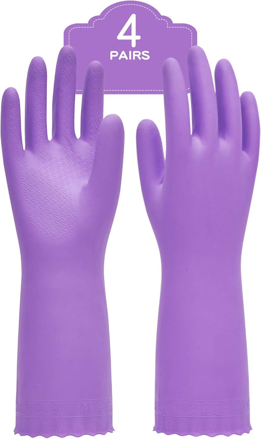 PACIFIC PPE 4 Pairs Reusable Dishwashing Cleaning Gloves with Latex Free, Cotton Lining, Kitchen Gloves, Purple, Large