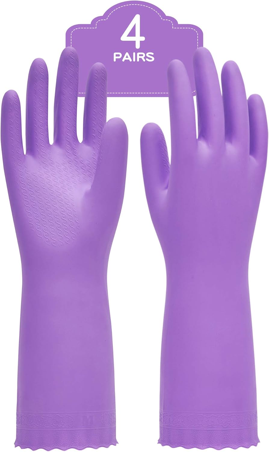 PACIFIC PPE 4 Pairs Reusable Dishwashing Cleaning Gloves with Latex Free, Cotton Lining, Kitchen Gloves, Purple, Medium