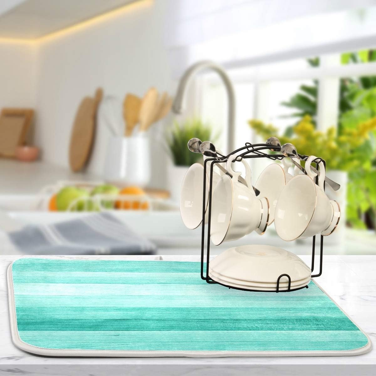 Teal Turquoise Green Wood Texture Dish Drying Mat 18x24 for Kitchen Green Blue Wooden Printing Dishes Pad Dish Drainer Rack Mats Absorbent Fast Dry Kitchen Accessories