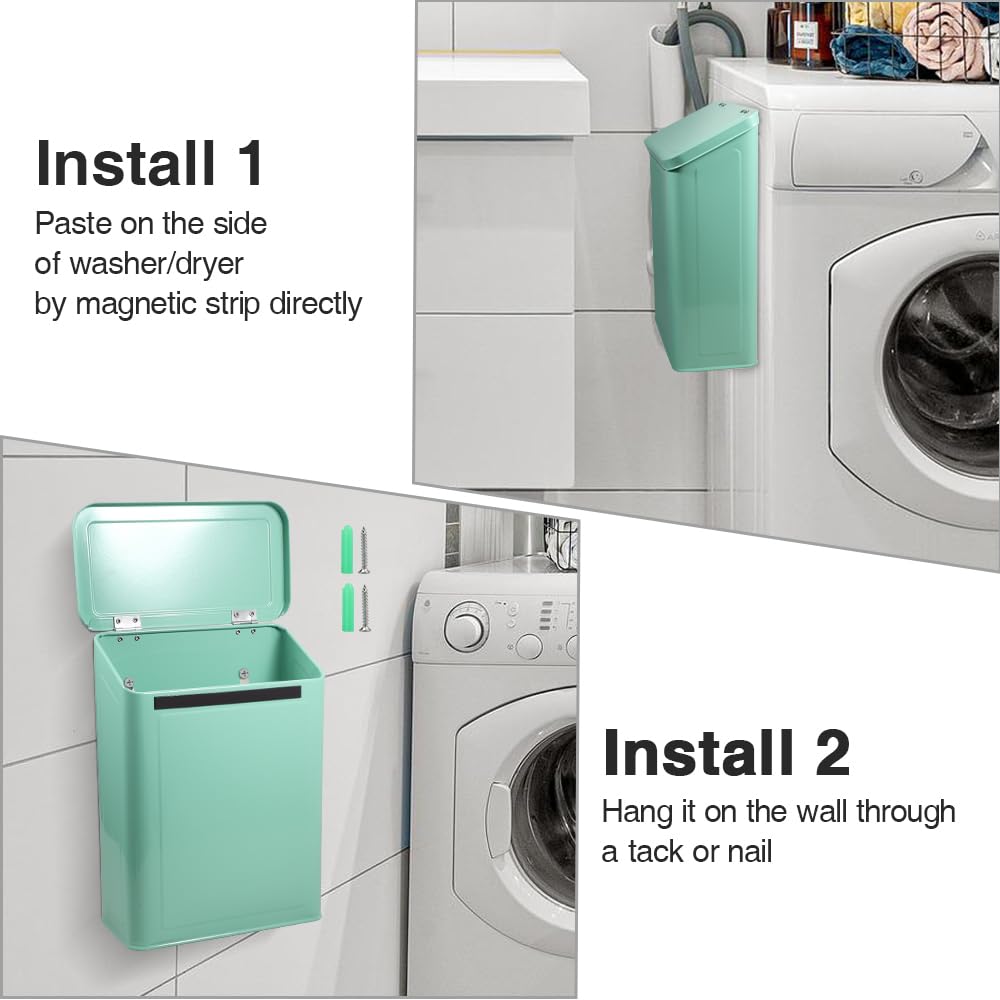 Picowe Magnetic Laundry Storage, Large Metal Lint Holder Bin with Lid for Laundry Room, Space-Saving Trash Container Hanging on Dryer, Washer or Wall Mount Trash Bin (Green)