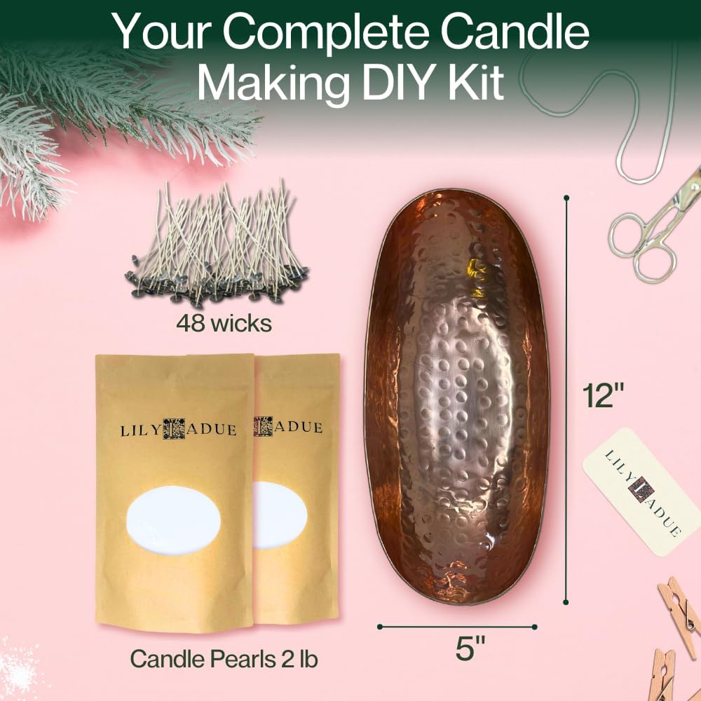 LILY LADUE Candle Refill Kit - 2Lb/32Oz Pearled Candles Sand and Wicks (48) and Hammered Copper Holder, Reusable Unique Sand Candles with Wicks for Candle Making, Bulk Unscented Pearl Wax Beads