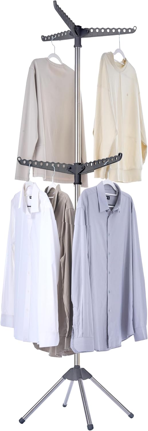 Clothes Drying Rack Foldable, 74.8 inch 2 Tier Laundry Drying Rack with Rotating Clothes Rail for 54 Pieces of Clothes, Space Saving, Indoor, Stainless Steel, Grey and Silver CDR002G01