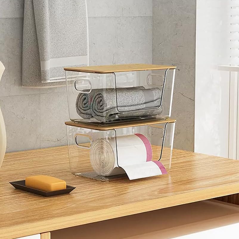 Trash Bag Holders with Bamboo Lids 2 Pack, Garbage Bag Dispenser with Lid, Open Front Stackable Storage Bins, Storage Container for Kitchen, Laundry Organization, Kitchen, Pantry,Under-Sink