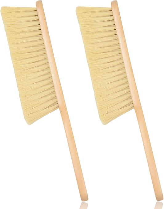 2 Pieces Woooden Dust Brush Hand Broom Bench Brush with Long Wood Handle Whisk Broom Soft Bristle Brush for Counter Bed Sofa Car Fireplace Clothes Household Cleaning(Khaki)