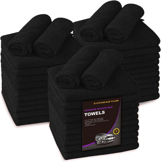 Blue Horizon Microfiber Cleaning Towels, 36-Pack Reusable Shop Towels, Ultra Soft Plush Wash-Cloths, Microfiber Detailing Cleaning Cloths for Car, Household and Commercial (Black, 16" x 16")