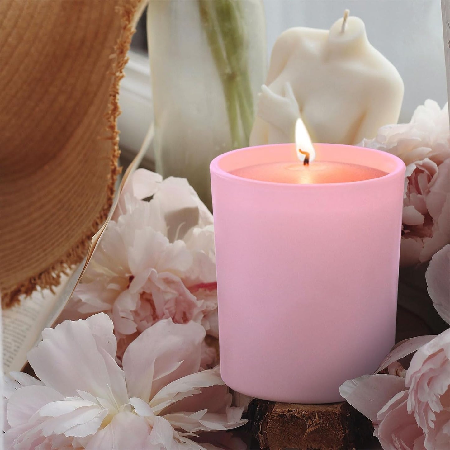 SHOWIN 14 OZ Thick Candle Jars for Making Candles 12 Pcs, 3 Wick Empty Jars with Wood Lids for Candle Making, Sample Container, Matte Pink